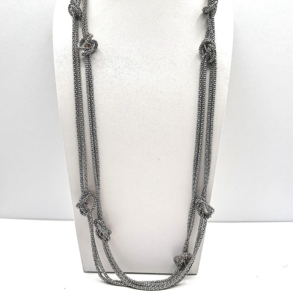 Vintage 90s Multi Strand Silver Tone Knotted Mesh Popcorn Chain Necklace Jewelry